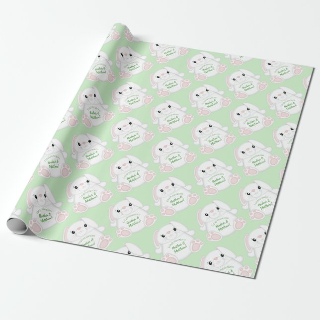 Bunny Rabbit Baby Dusche Grün Geschenkpapier (Ungerollt)