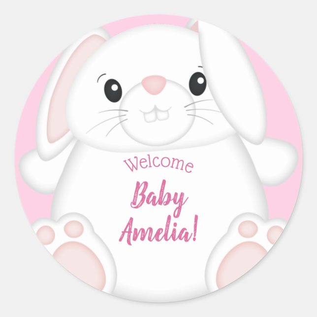 Bunny Rabbit Baby Dusche Pink Runder Aufkleber (Vorderseite)