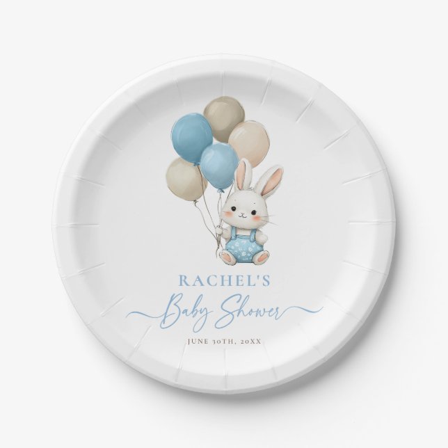 Bunny Rabbit Balloons Blue Baby Boy Dusche Pappteller (Vorderseite)