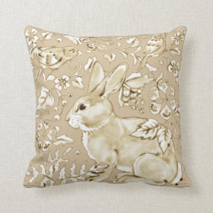 Bunny Rabbit Bird Beige Tan, Elfenbeinflora Elegan Kissen