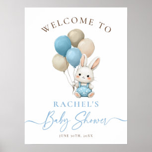 Bunny Rabbit Blue Balloons Boy Baby Dusche Willkom Poster