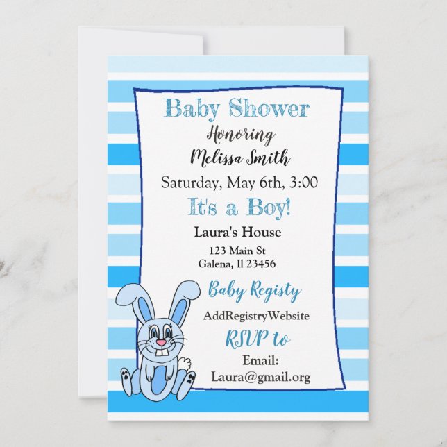 Bunny Rabbit Blue Boy Baby Shower Einladungen (Vorderseite)