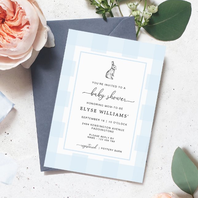 Bunny Rabbit Blue Gingham Baby Shower Einladung (Baby Shower Invitation Blue Gingham Check Bunny Rabbit)