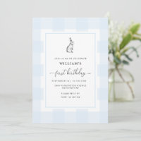 Bunny Rabbit Blue Gingham Einladung zum 1. Geburts