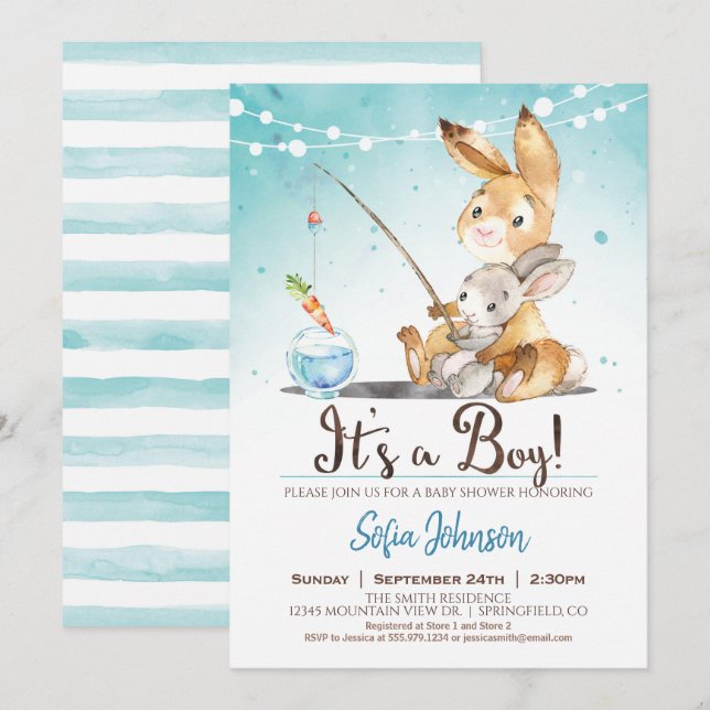 Bunny Rabbit Boy Baby Dusche Blauer Einladung (Vorne/Hinten)