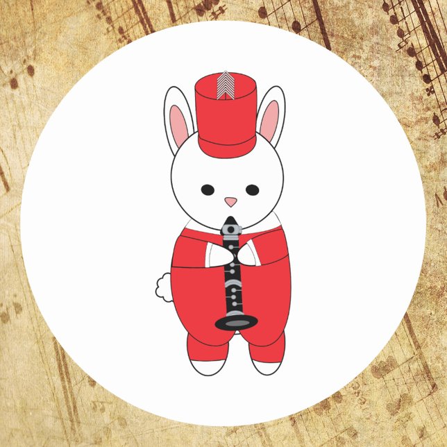 Bunny Rabbit Clarinet Marching Band Red White Runder Aufkleber (A sticker with a marching band rabbit playing the clarinet in a red and white uniform.)