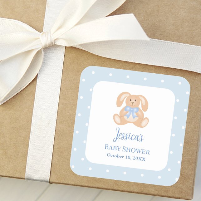 Bunny Rabbit Classic Polka Dots Boy Baby Dusche Quadratischer Aufkleber (Von Creator hochgeladen)