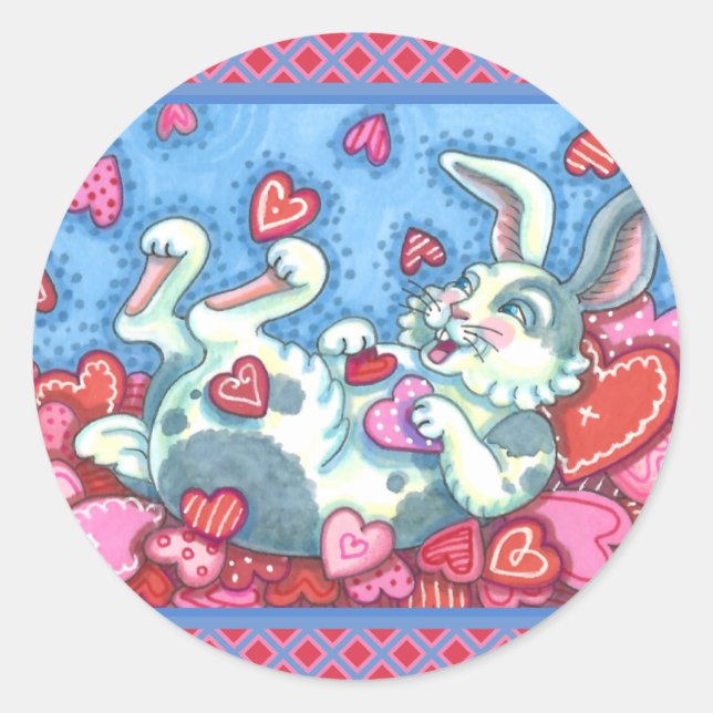 BUNNY RABBIT & COLORFUL HERZEN REGENWERTE RUNDER AUFKLEBER (Vorderseite)