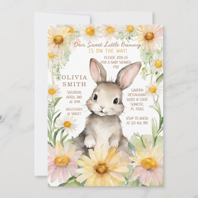 Bunny Rabbit Daisy Flower Garden Babydusche Einladung (Vorderseite)