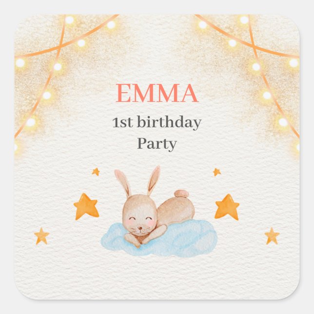 Bunny Rabbit First Birthday Party Quadratischer Aufkleber (Vorderseite)
