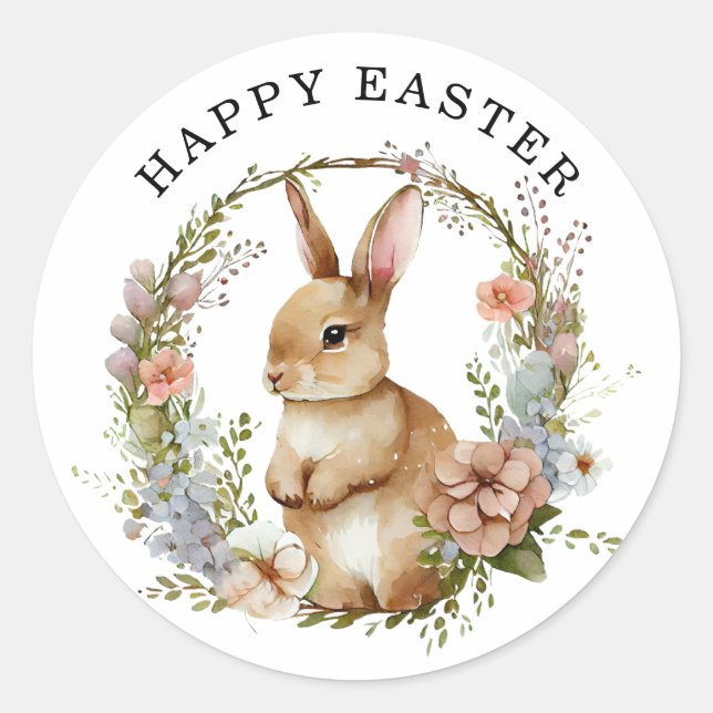 Bunny Rabbit Floral Wreath Oster Runder Aufkleber (Vorderseite)