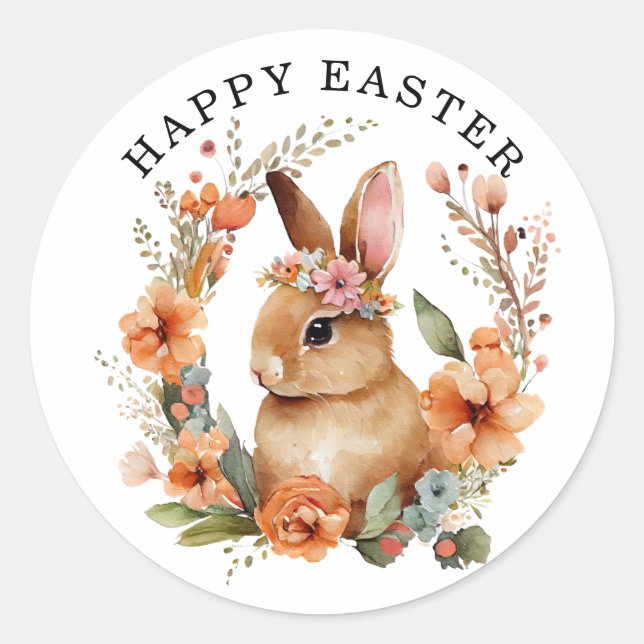 Bunny Rabbit Floral Wreath Oster Runder Aufkleber (Vorderseite)