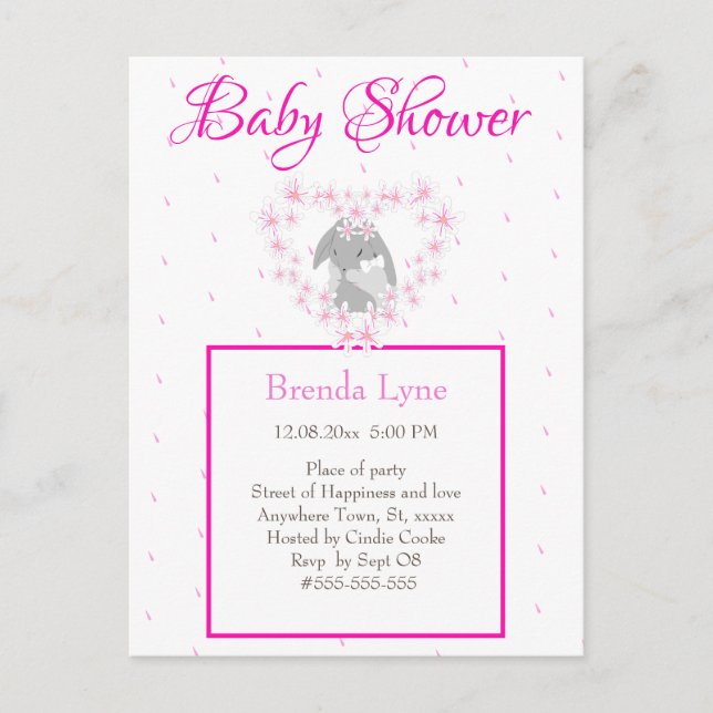 Bunny Rabbit Girl Pink Baby Dusche Einladung Post Postkarte (Vorderseite)