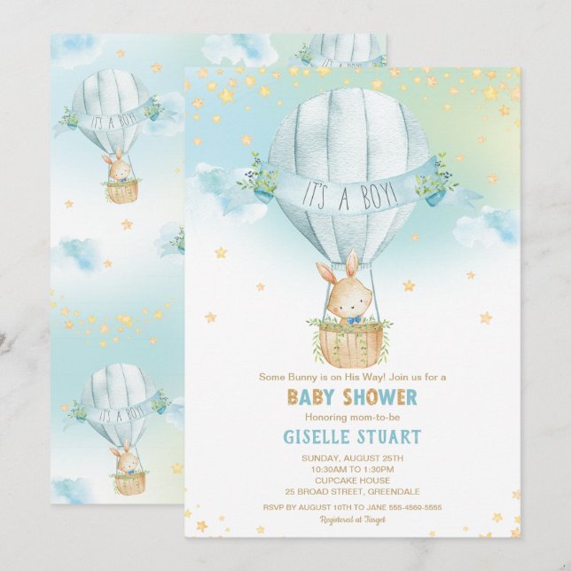Bunny Rabbit Hot Air Balloon Baby Shower Boy Einladung (Vorne/Hinten)