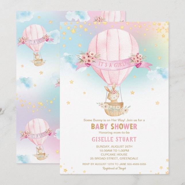 Bunny Rabbit Hot Air Balloon Baby Shower Girl Einladung (Vorne/Hinten)