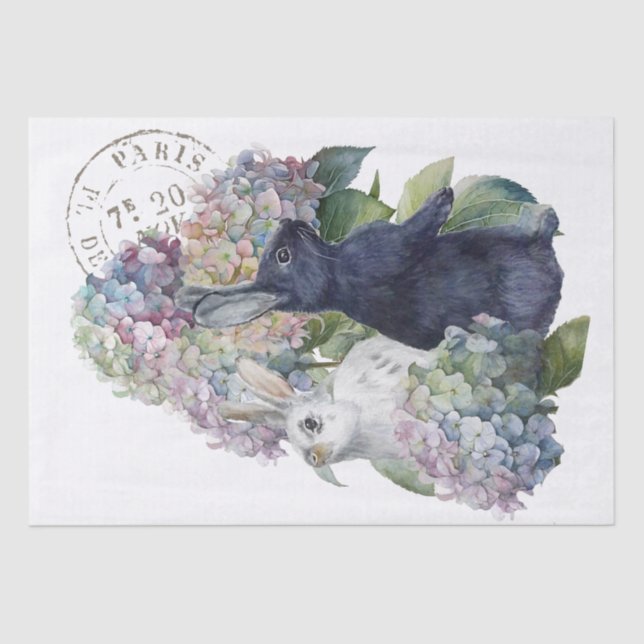 Bunny Rabbit Hydrangea Blume Französisch Postmark Seidenpapier (Vorderseite)