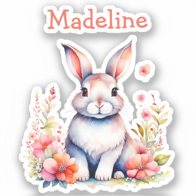 Bunny Rabbit in Blume Happy Birthday Personalize Aufkleber (Vorderseite)