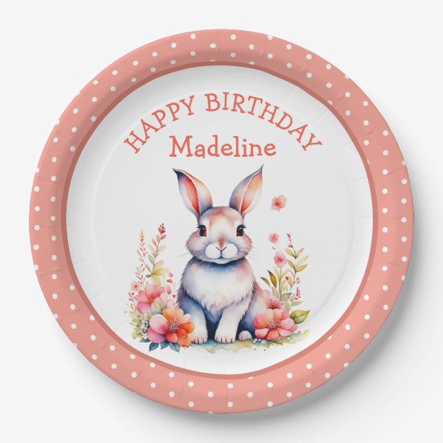 Bunny Rabbit in Blume Happy Birthday Personalize Pappteller (Vorderseite)
