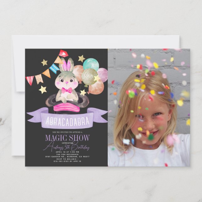 Bunny Rabbit Magic Show Blk Girl Birthday Foto Einladung (Vorderseite)