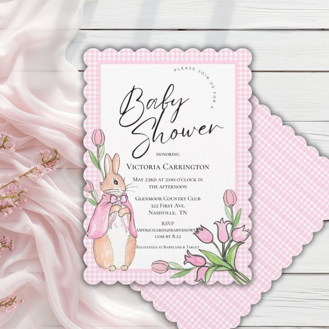 Bunny Rabbit Pink Gingham Baby Dusche Einladung (Von Creator hochgeladen)