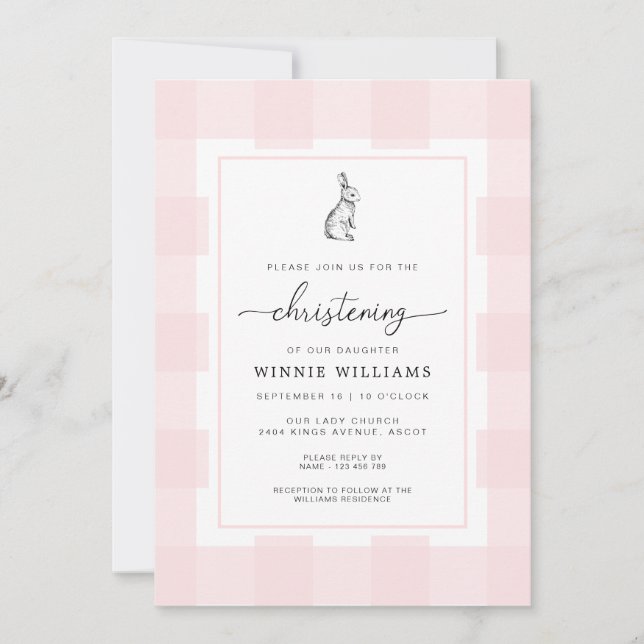 Bunny Rabbit Pink Gingham Christening Einladung (Vorderseite)