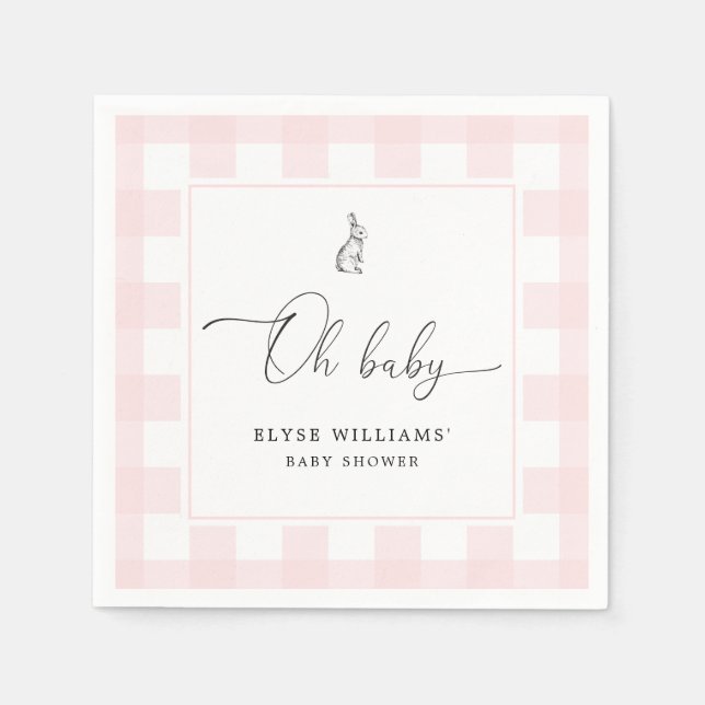 Bunny Rabbit Pink Gingham Oh Baby Paper Napkin Serviette (Vorderseite)