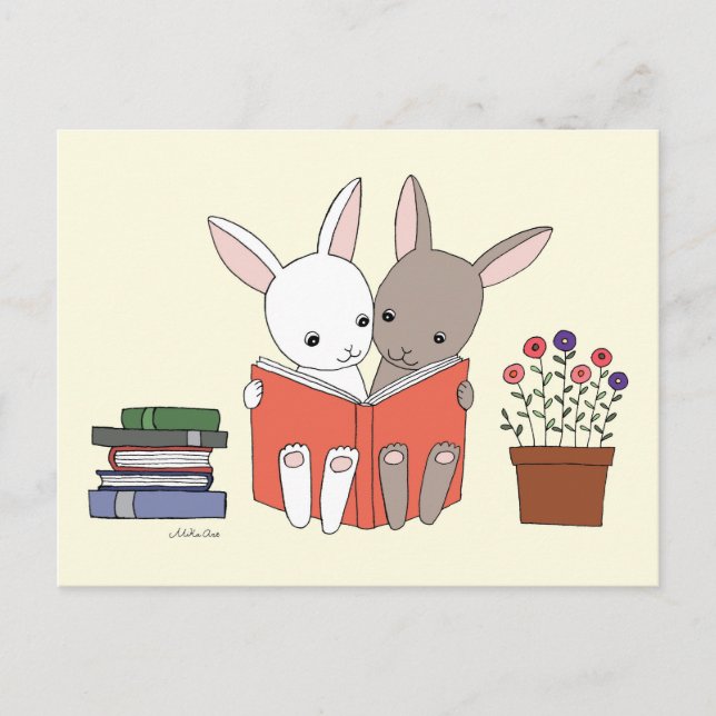 Bunny Rabbit Reading Book Postcard Niedliches Bunn Postkarte (Vorderseite)