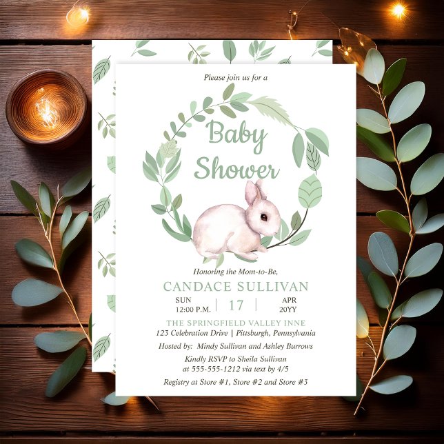 Bunny Rabbit Sage Floral Wreath Junge Dusche Einladung (Cute Easter Bunny Rabbit and Eucalyptus Wreath Sage Green Baby Shower - Print | Digital)