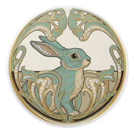 Bunny Rabbit Sage Green & Gold Art Deco Nouveau Keramikknauf
