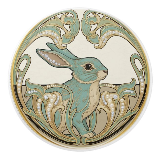 Bunny Rabbit Sage Green & Gold Art Deco Nouveau Keramikknauf (Vorderseite)