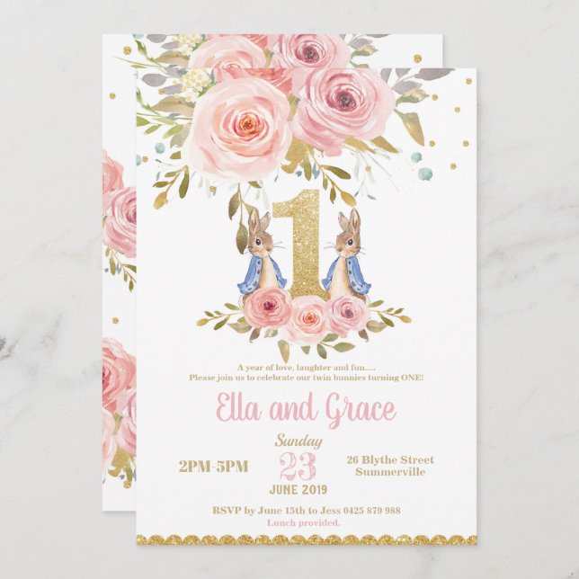 Bunny Rabbit Twin Girls 1. Geburtstag Einladung (Vorne/Hinten)