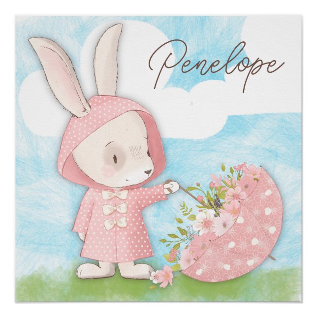 Bunny Rabbit Umbrella & Blume Poster (Vorderseite)