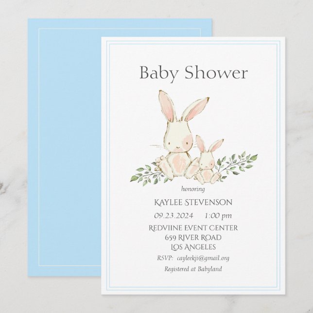 Bunny Rabbits Blue Modern Baby Shower Einladung (Vorne/Hinten)