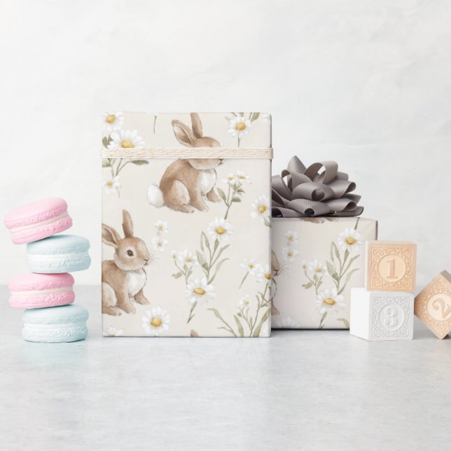 Bunny Rabbits Daisy Flowers Geschenkpapier (Babyparty)