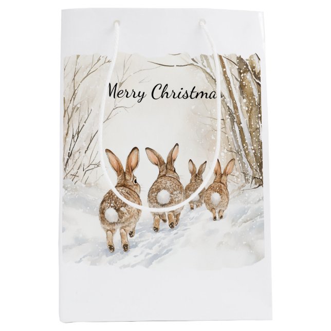 Bunny Rabbits Woods Snow Christmas Mittlere Geschenktüte (Vorderseite)