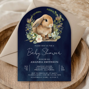 Bunny Sage Green Floral Navy Blue Arch Baby Dusche Einladung