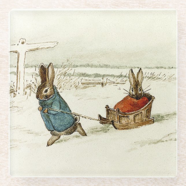 "Bunny Sleigh Ride" von Beatrix Potter Glasuntersetzer (Vorderseite)