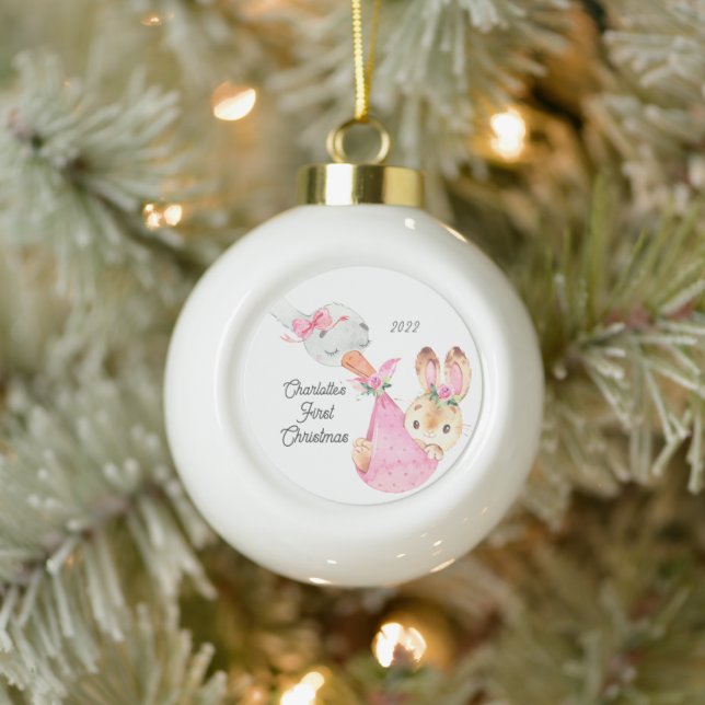 Bunny Special Delivery Baby's First Christmas Keramik Kugel-Ornament (Baum)