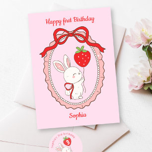 Bunny Strawberry Balloon Happy Birthday Card Karte