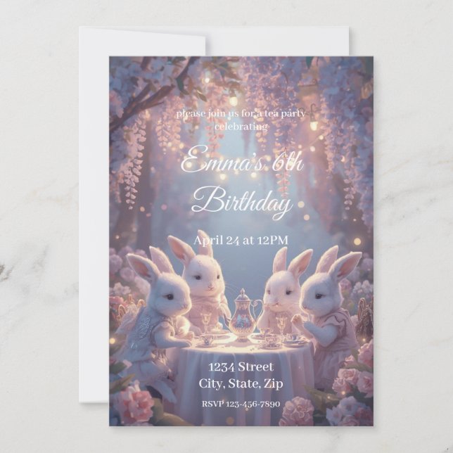 Bunny Tea Party Birthday Invitation – Dreamy Fairy Einladung (Vorderseite)