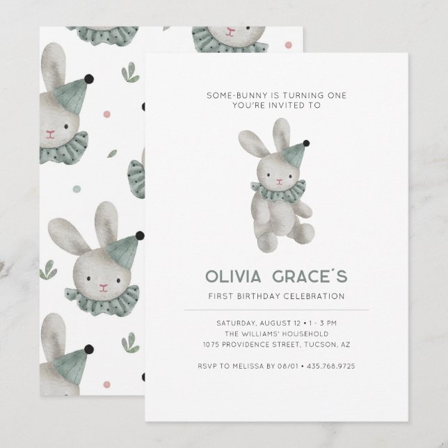Bunny Thema Erster Geburtstag Einladung (Vorne/Hinten)