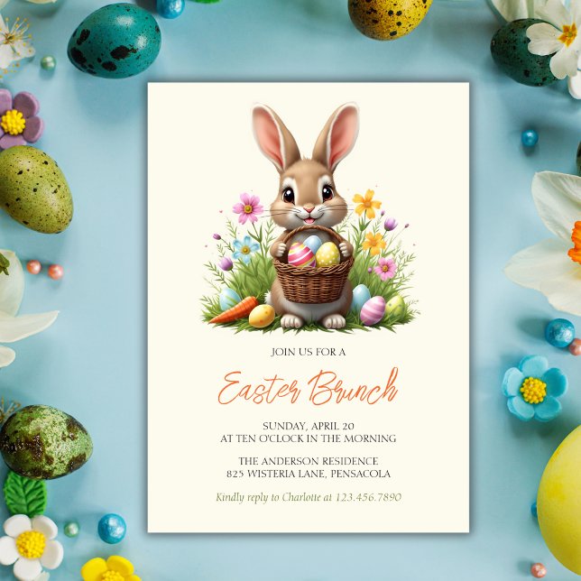 Bunny und farbenfrohe Eier Whimsical Osterbrunch B Einladung (Modern Whimsical Easter Brunch Invitation with Bunny and Colorful Eggs)