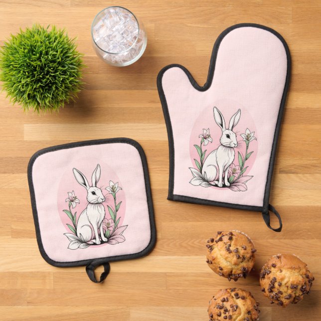 Bunny und Lilies Ofenhandschuh & Topflappen-Set (Oben Unten)