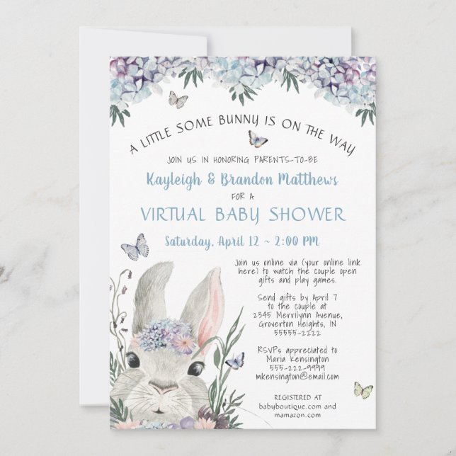 Bunny Watercolor Floral Blue Virtual Baby Dusche Einladung (Vorderseite)