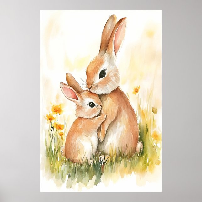 Bunny Watercolor Print, Mama and Kid, Nursery Wall Poster (Vorne)