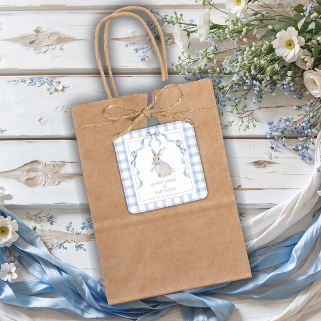 Bunny Wishes & Baby Kisses Baby Shower Quadratischer Aufkleber (Von Creator hochgeladen)