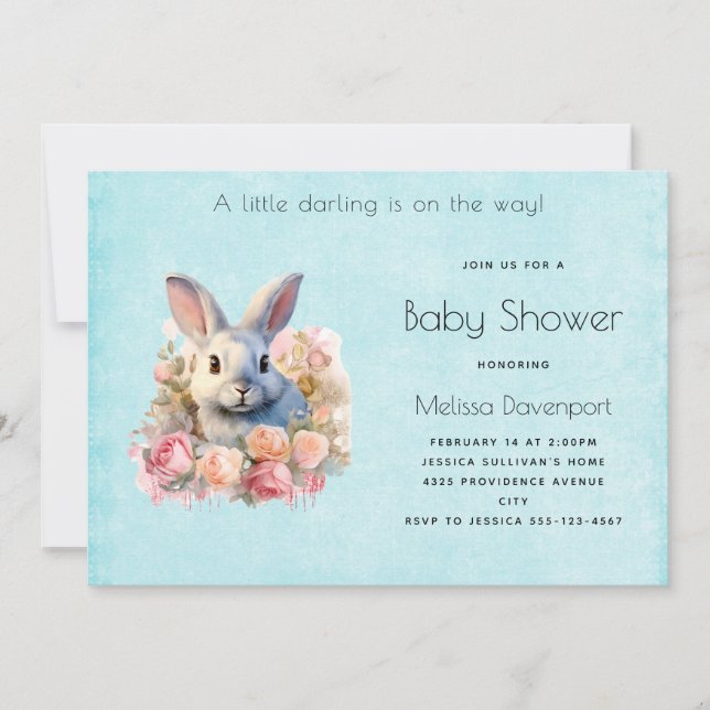 Bunny with a Garland of Roses Cute Baby Shower Einladung (Vorderseite)