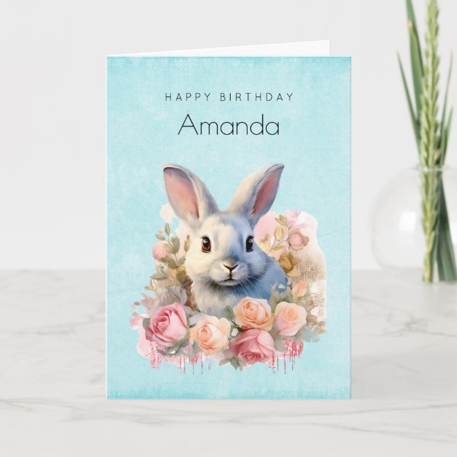 Bunny with a Garland of Roses Cute Birthday Karte (Vorderseite)