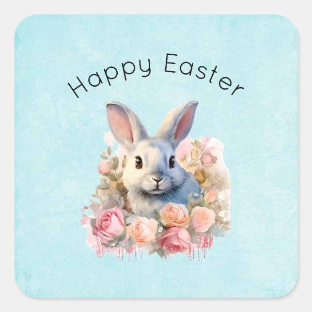 Bunny with a Garland of Roses Cute Easter Quadratischer Aufkleber (Vorderseite)