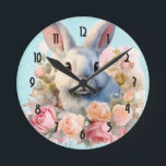 Bunny with a Garland of Roses Cute Runde Wanduhr<br><div class="desc">A watch with a watercolor image. A white gray bunny rabbit surrounded by a garland of pink and peach roses. For bunny lovers and Easter themes and birthdays and showers.</div>